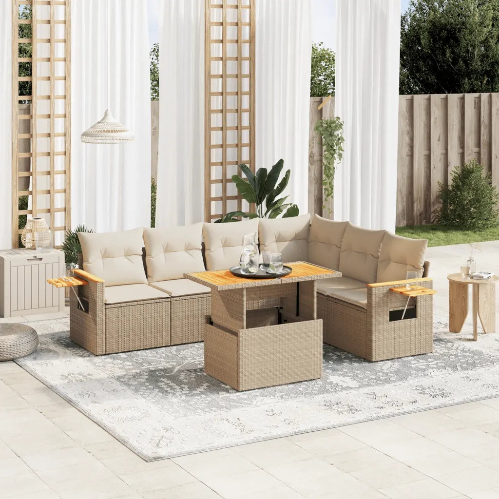 Set Divani da Giardino 7 pz con Cuscini Beige in Polyrattan