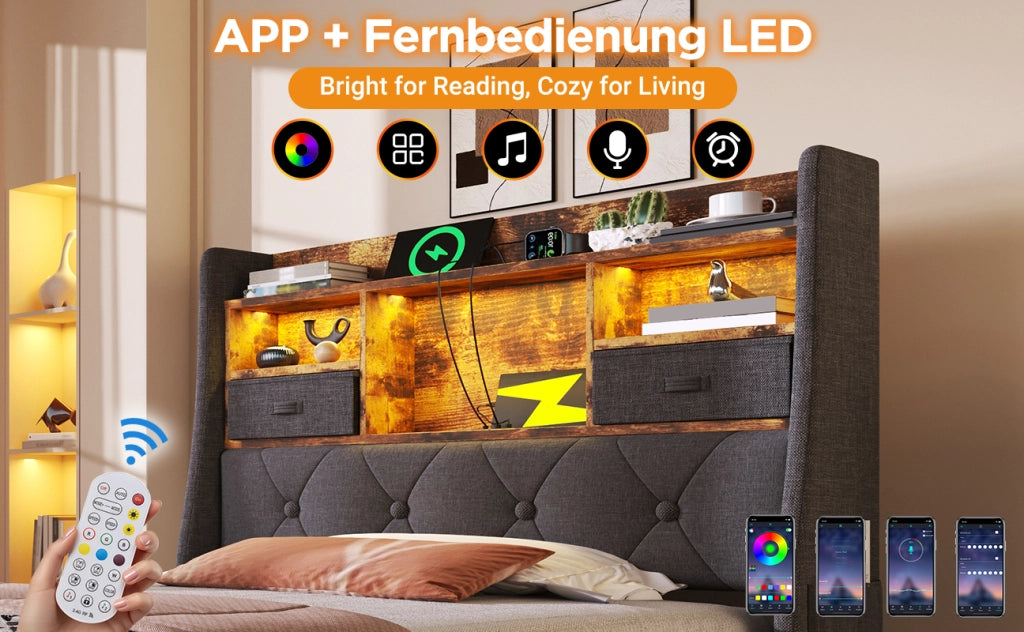 DESMIU Letto contenitore 90 × 200 cm 1 posto con LED, USB, Type-C e vani, materasso incluso, grigio