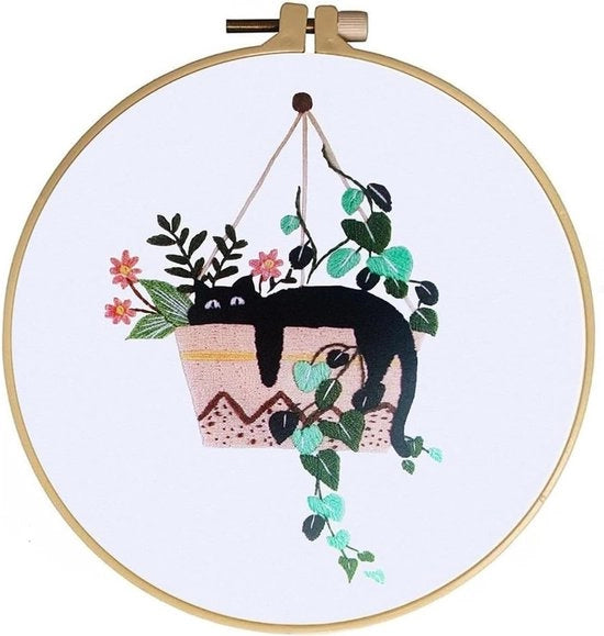 Pacchetto di cucito Gatto nero per adulti Principianti Starter Pacchetto di cucito a croce con disegno di gatto nero fiori Tessuto di cucito impresso Bobine Filo Aghi Pacchetto di cucito facile da fare per adulti, Gatto nero