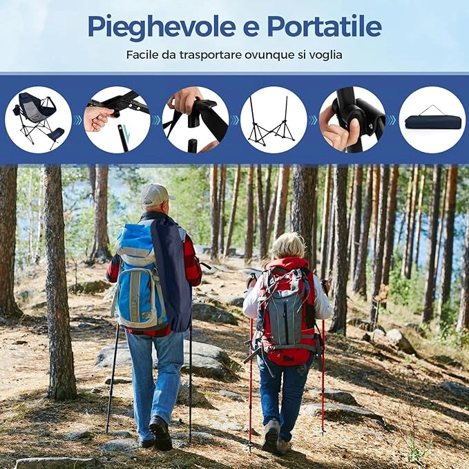 Sedia da Campeggio, Sedia Pieghevole per Esterni con Schienale e Poggiapiedi Regolabili, Poggiatesta, Porta Bicchiere e Borsa da Trasporto per Spiaggia, Giardino, Pesca, Supporta 150 kg (Blu)