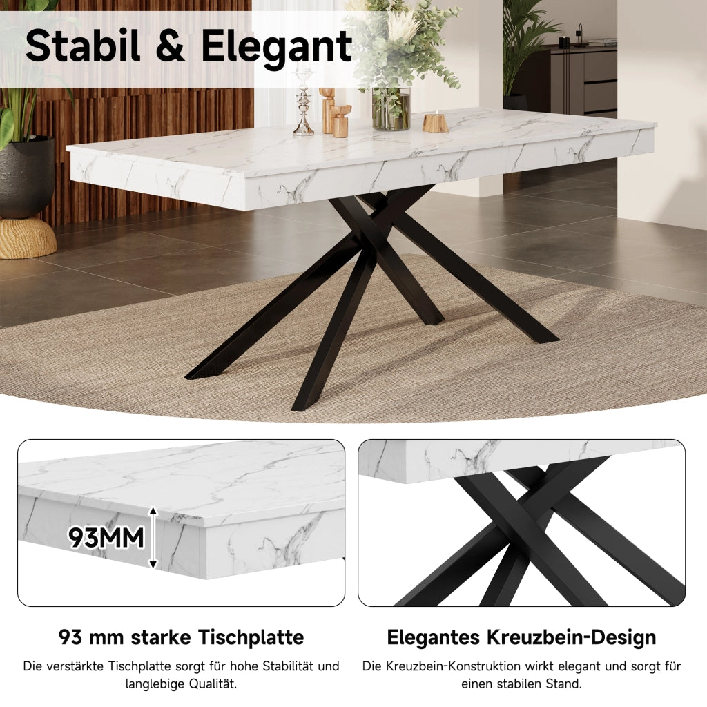 Tavolo allungabile per pranzo in MDF bianco con piano da 140 a 180 cm, gambe incrociate e design semplice