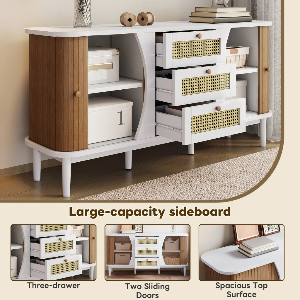 Credenza con cassetti in rattan e ripiani regolabili bordi arrotondati bianco e legno 140,5 × 40 × 76 cm