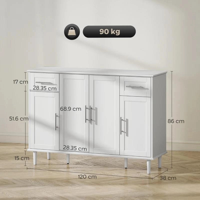 CREDENZA BUFFET ELEGANTE CON 2 CASSETTI E 3 ARMADIETTI CON RIPIANI REGOLABILI, IN LEGNO, 120X38X86 CM, BIANCO