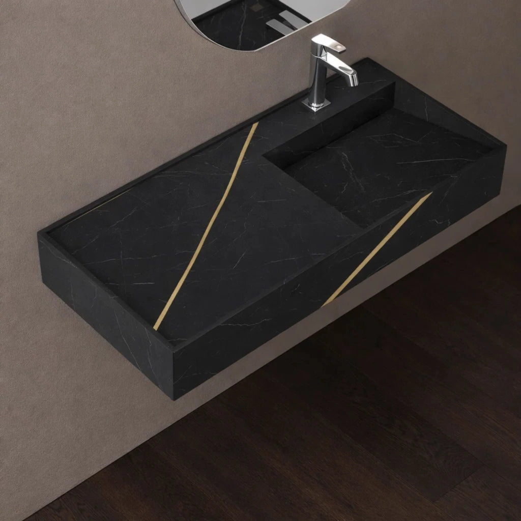Lavabo consolle sospeso astrid artificial stone nero e nocciola venato elegante moderno *** finitura- nero, confezione 1