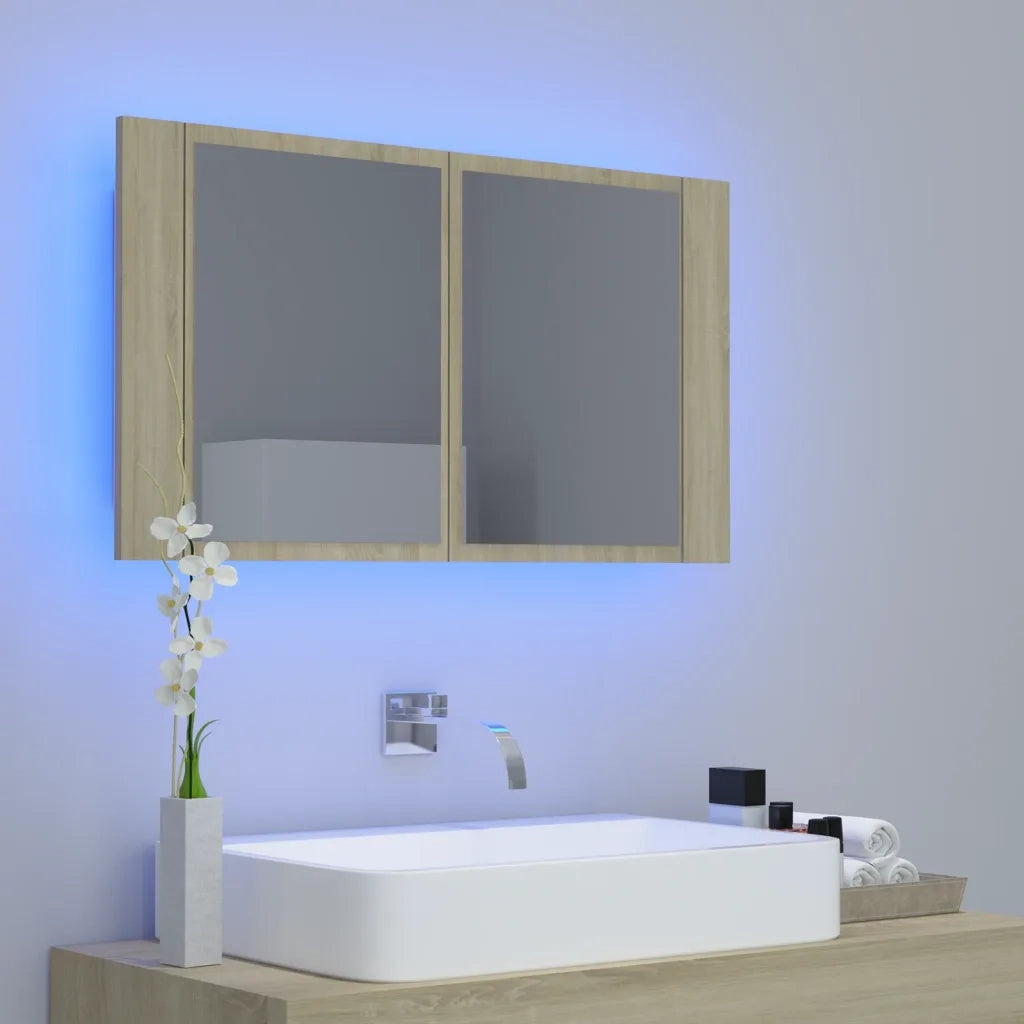 Armadietto a Specchio | Armadio da bagno con Luci LED Rovere Sonoma in Acrilico
