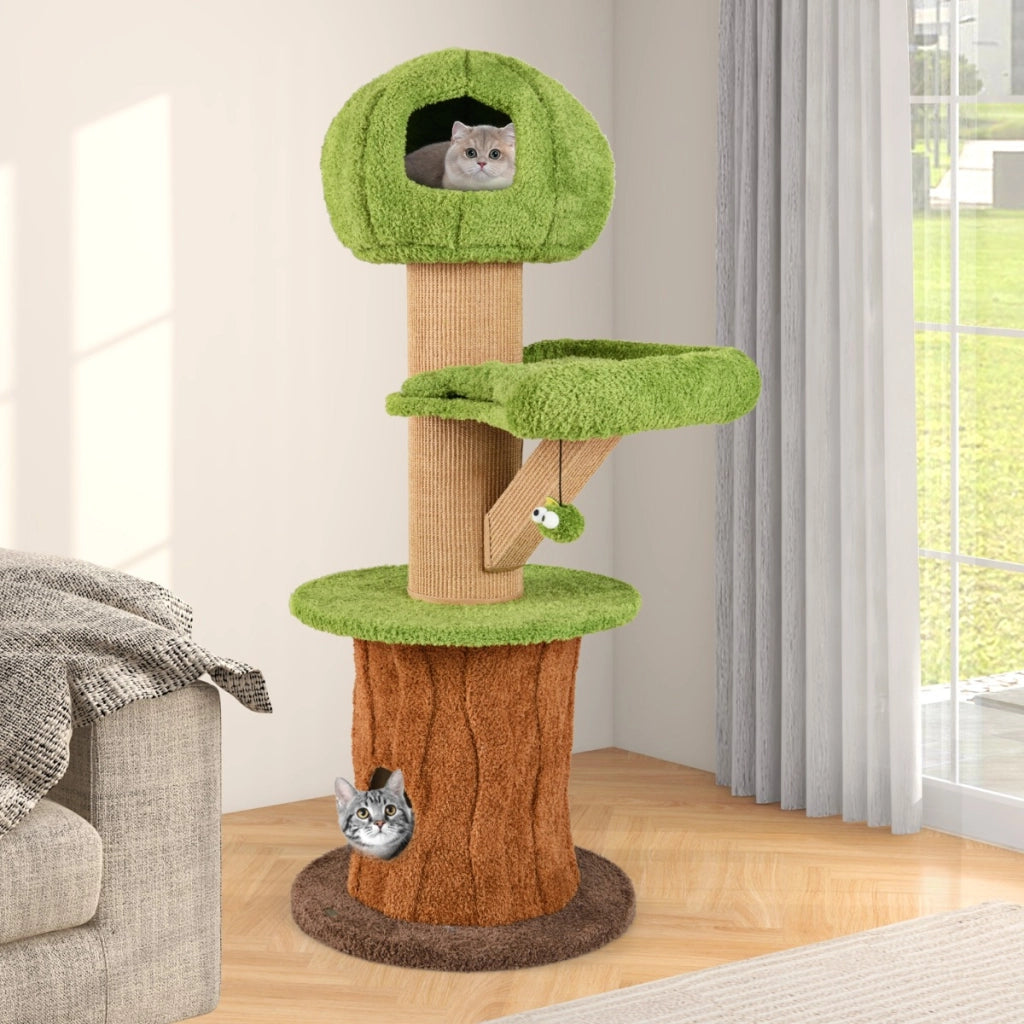 Albero per gatti con 2 carine case e pali in sisal, Torre per gatti con cuscini rimovibili per attivit¨¤ e riposo-Alberi Tiragraffi