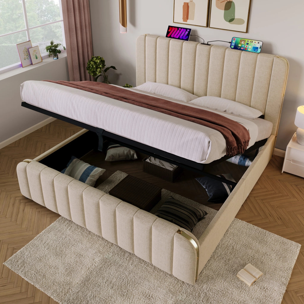 Letto matrimoniale in lino beige 180x200 strisce dorate USB Type-C sollevamento idraulico