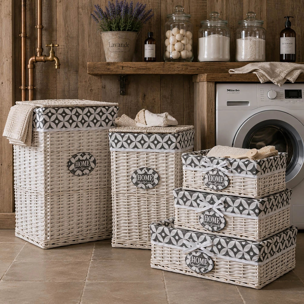 Set 3/5 Pezzi Ceste Portabiancheria in Vimini con Coperchio e Fodera Interna in Tessuto, Contenitori Multiuso per Bucato, Bagno, Lavanderia e Camera da Letto, Design Shabby Chic   5 Ceste NickTipo2