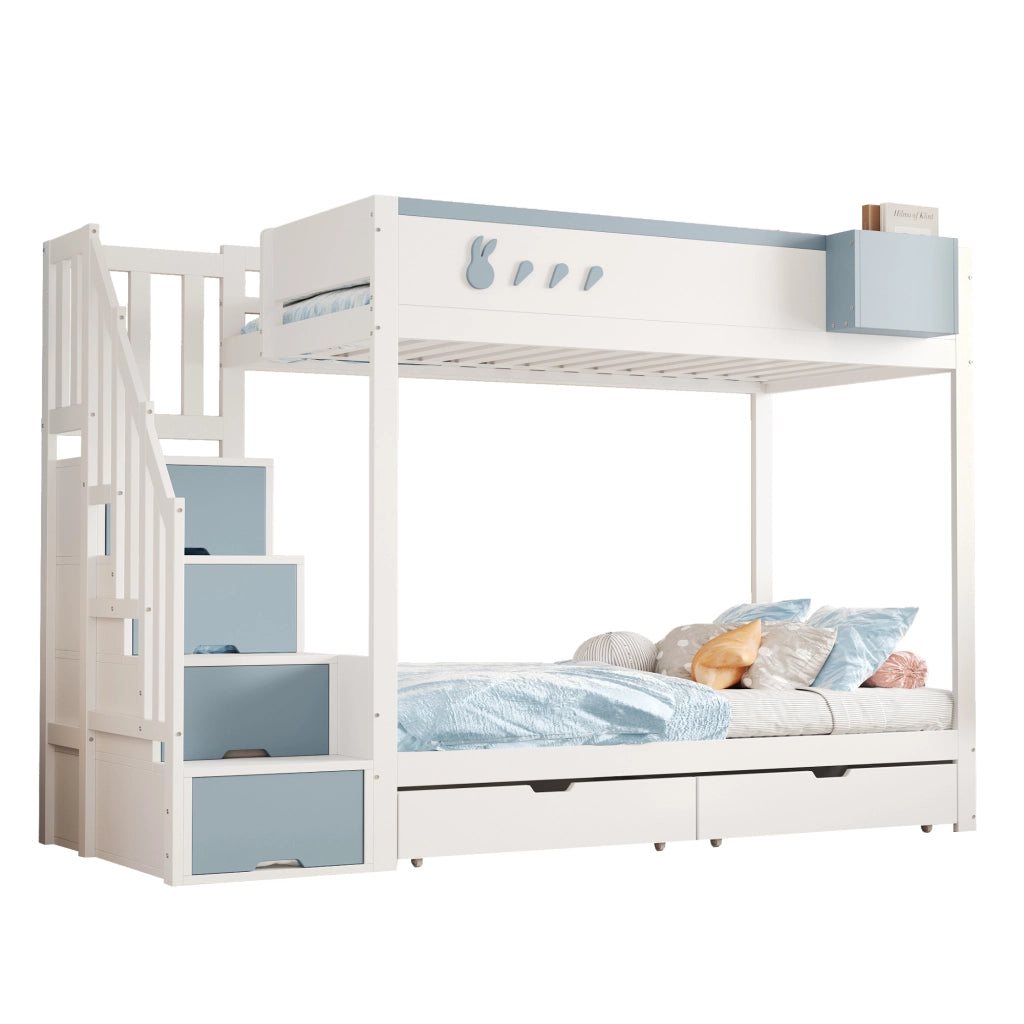 LETTO A CASTELLO 90x200 cm in Legno Bianco e Blu con sponde e ripiano rimovibile