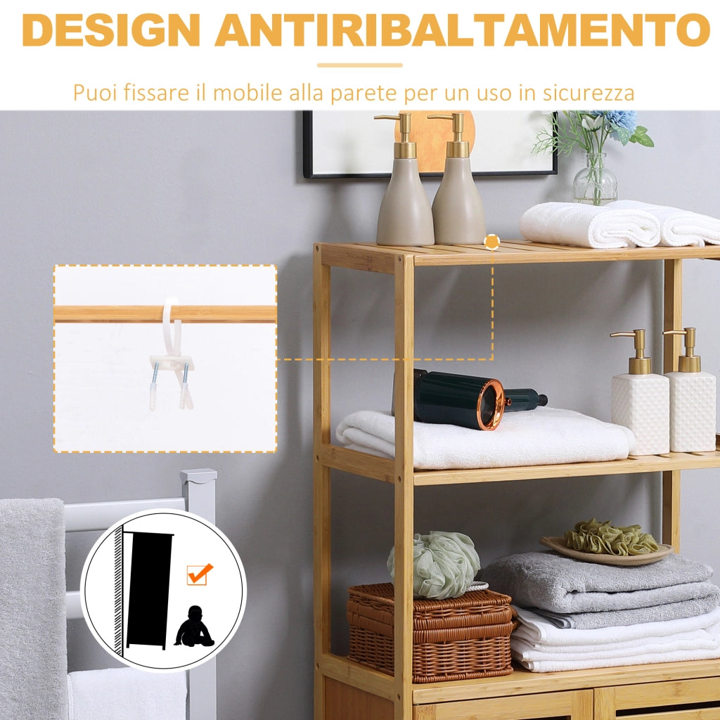 Mobile Bagno con 2 Ripiani Aperti e Armadietto 2 Ante ¨C Zephmum ¨C Bamb¨´ 60x30x120cm