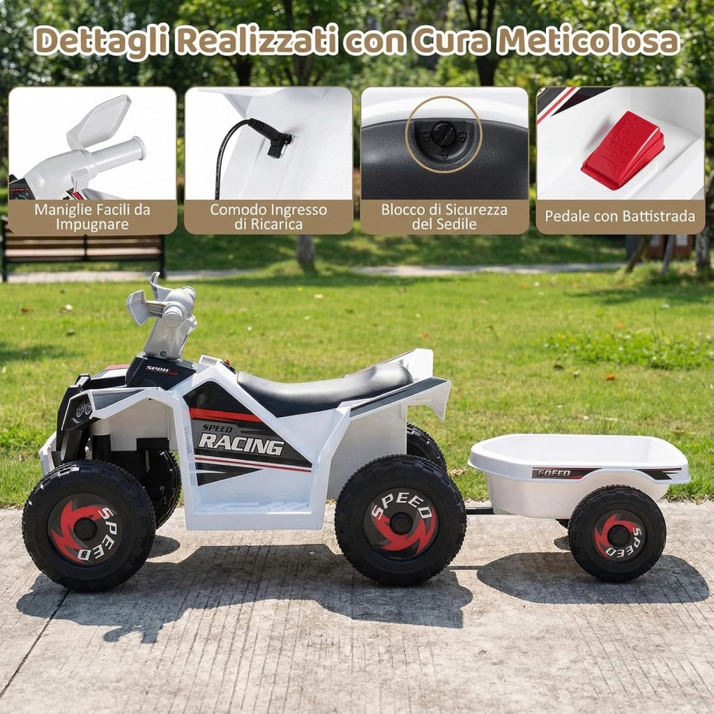 Quad Elettrico per Bambini, ATV elettrico con Rimorchio Posteriore, Macchina Giocattolo a Motore con Ruote Resistenti, 2-3 km/h, Veicolo per Bambini 3 Anni+ (Bianco)