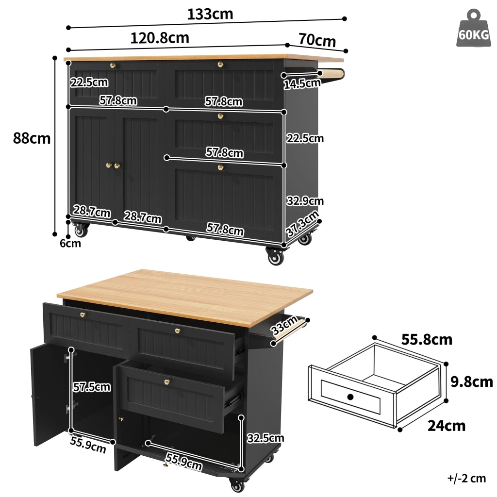 Carrello da Cucina con Piano Ribaltabile; Ruote e Piedini Regolabili; in MDF; Nero; 133 x 37;3 x 88 cm