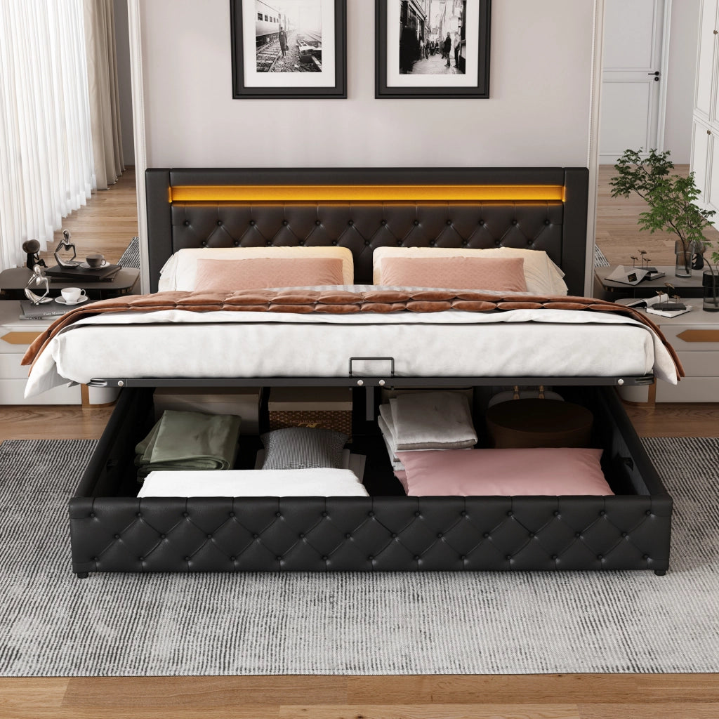 Letto contenitore imbottito 160x200 cm con LED; rete a doghe; PU nero