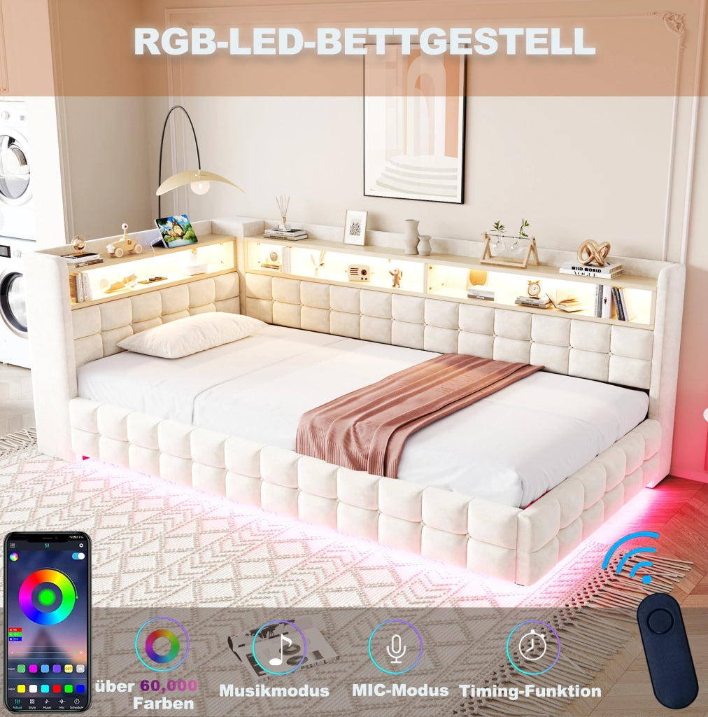 Divano letto imbottito 90x200 cm con contenitore idraulico; LED e prese USB-C; beige