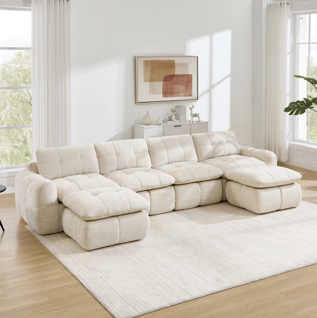 Divano modulare a U 334x160x68 cm in chenille beige; senza montaggio
