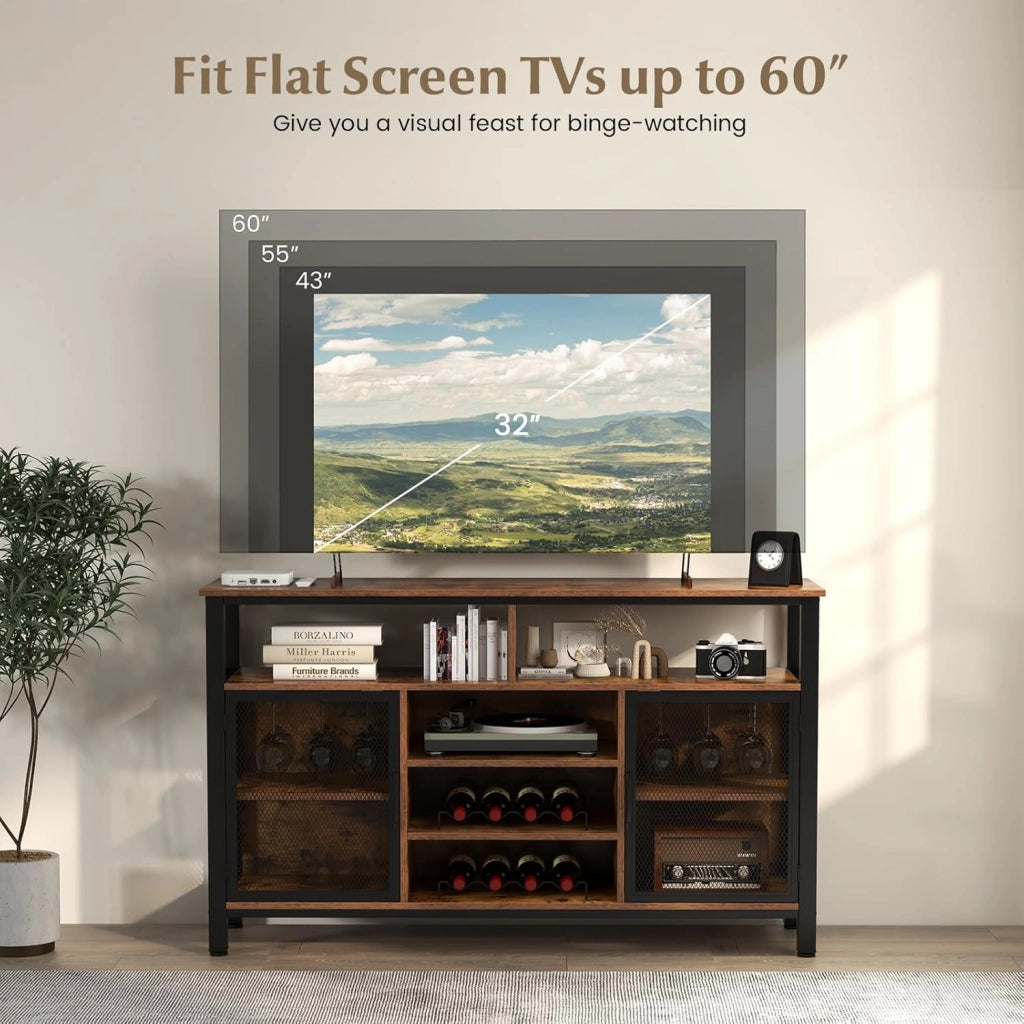 Credenza da Buffet, Mobilellto da Cucina con Portabottiglie e Portabicchieri, Porta TV per TV fino a 60" con 2 Armadietti con Anta, 3 Ripiani e 2 Scomparti Aperti, Nero/Grigio(Marrone)