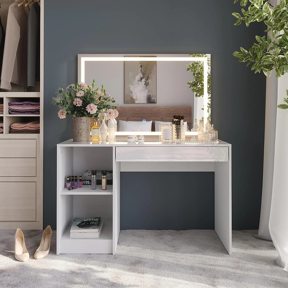 Tavolo da toeletta Sherry, Bianco/bianco lucido, 119.8 cm con specchio LED