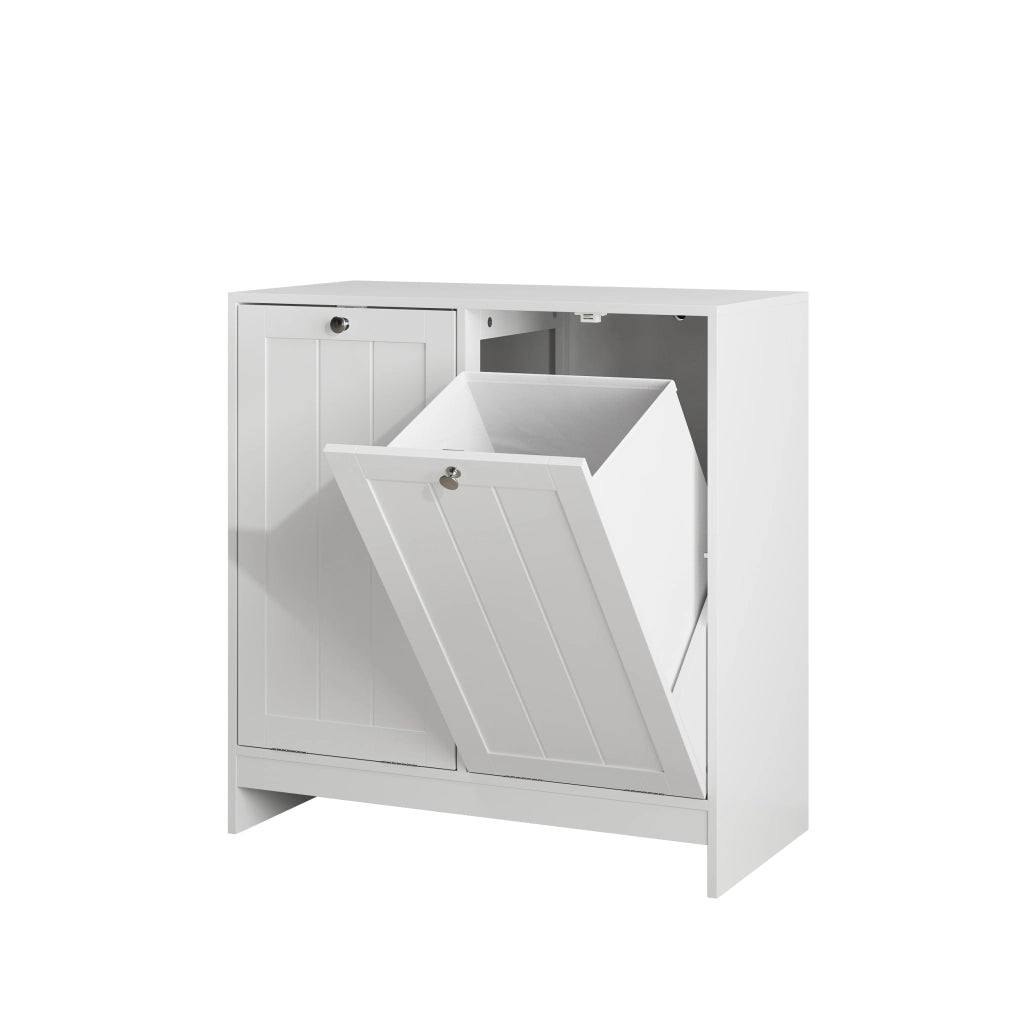 Armadio portabiancheria inclinabile con 2 cesti estraibili, organizer freestanding per bagno e lavanderia, bianco