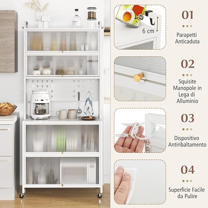 Credenza Alta per Cucina con 6 Ripiani e 4 Ante a Ribalta Traslucide, Mobile Cucina con Ruote e Panello a Ganci, Armadio Cucina Porta Microonde (80 x 40 x 178 cm,Bianco)