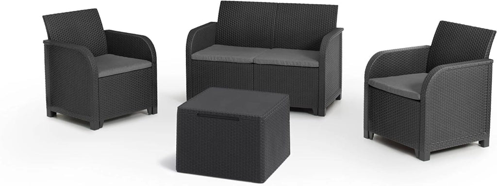 ROSALIE LOUNGE SET con cuscini Poltrone 65x63x74h Divano 113x65x74h Tavolino contenitore 55,5x55,5x42h Grafite
