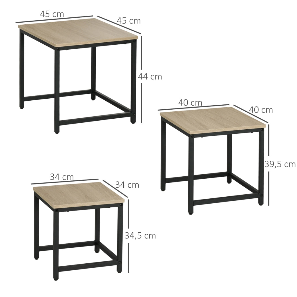 Set di 3 tavolini da salotto e da divano con struttura in acciaio, effetto legno naturale, 45/40/34 cm