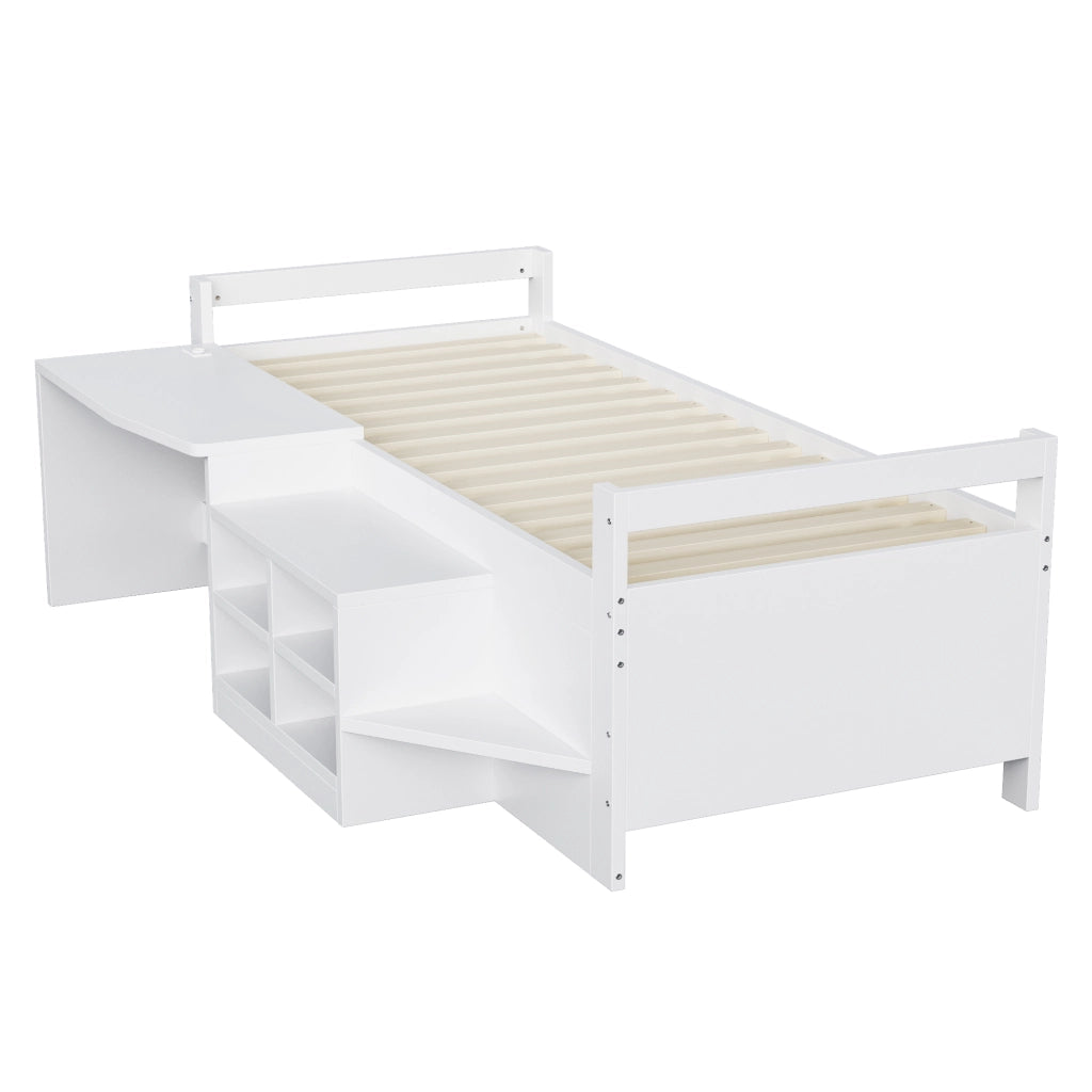 LETTO Singolo 90x200 cm con scrivania, vani contenitori e prese USB Bianco