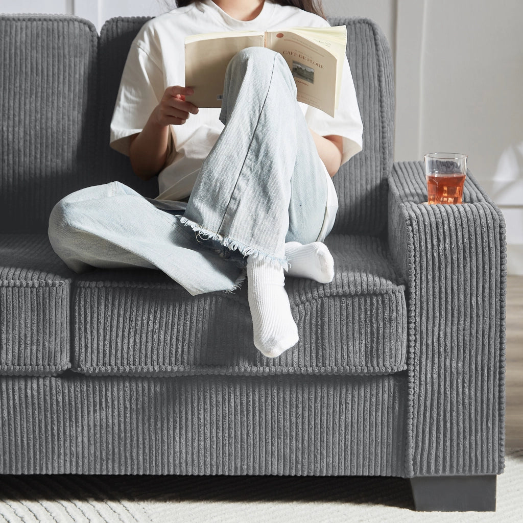 Divano a 3 posti in velluto a coste con portabicchieri e comfort ergonomico per soggiorno grigio 206 cm