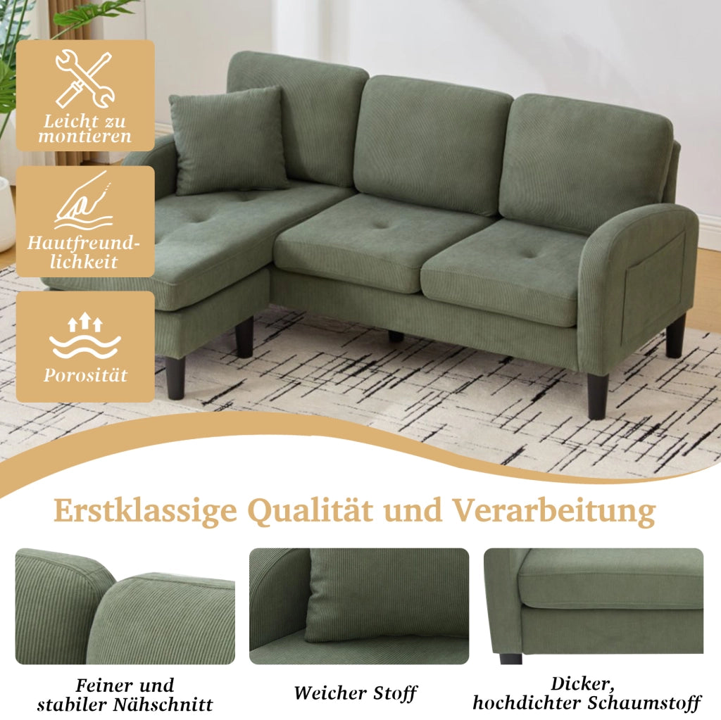 Divano angolare modulare con chaise longue 166 x 118 x 77 cm in tessuto cord verde