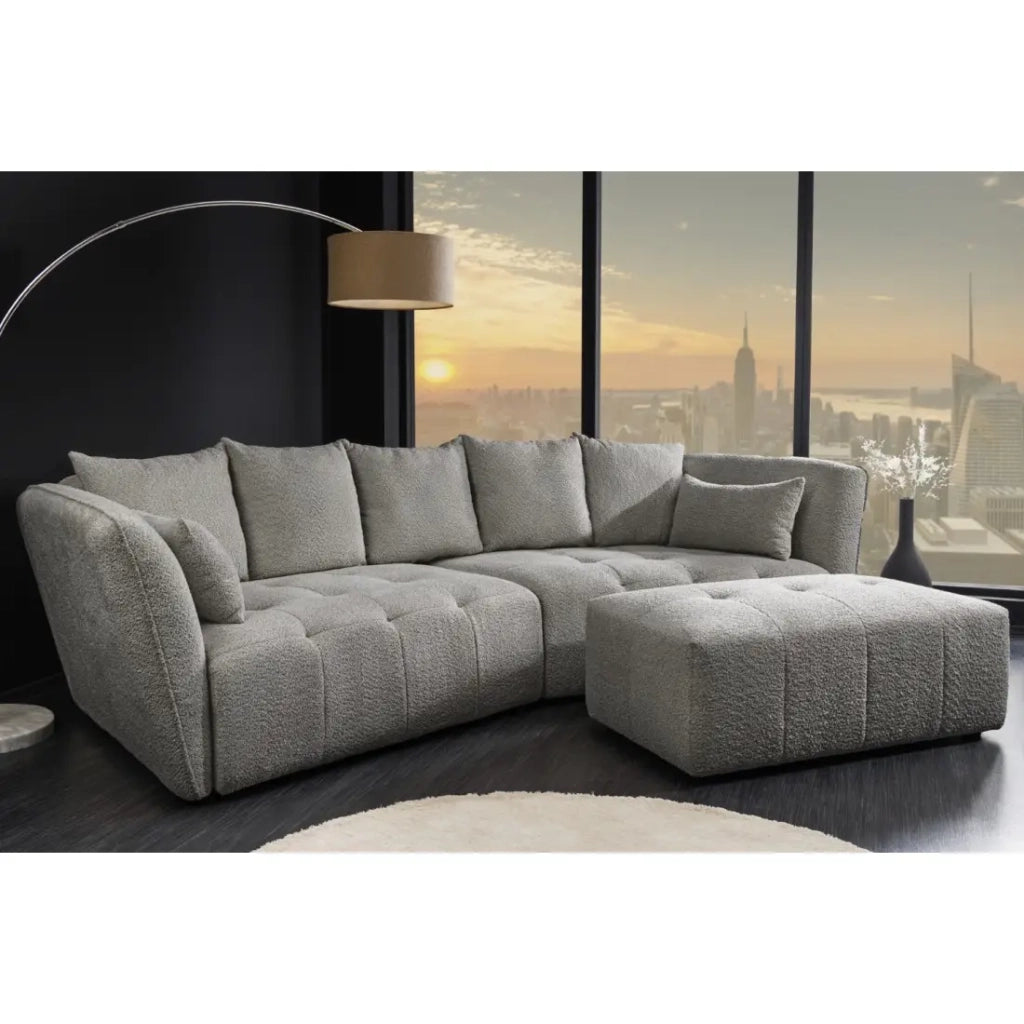Divano + pouf IMPERIA grigio – Divano modulabile in tessuto bouclé