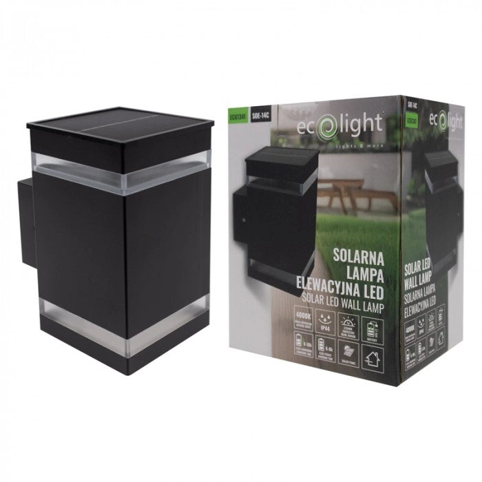 Lampada solare parete quadrata nera LED 1,2W sensore Ecolight