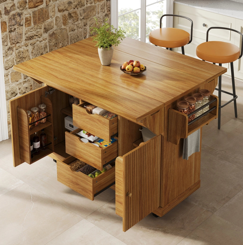 Carrello da cucina pieghevole con 3 cassetti e ripiani regolabili in MDF; marrone scuro