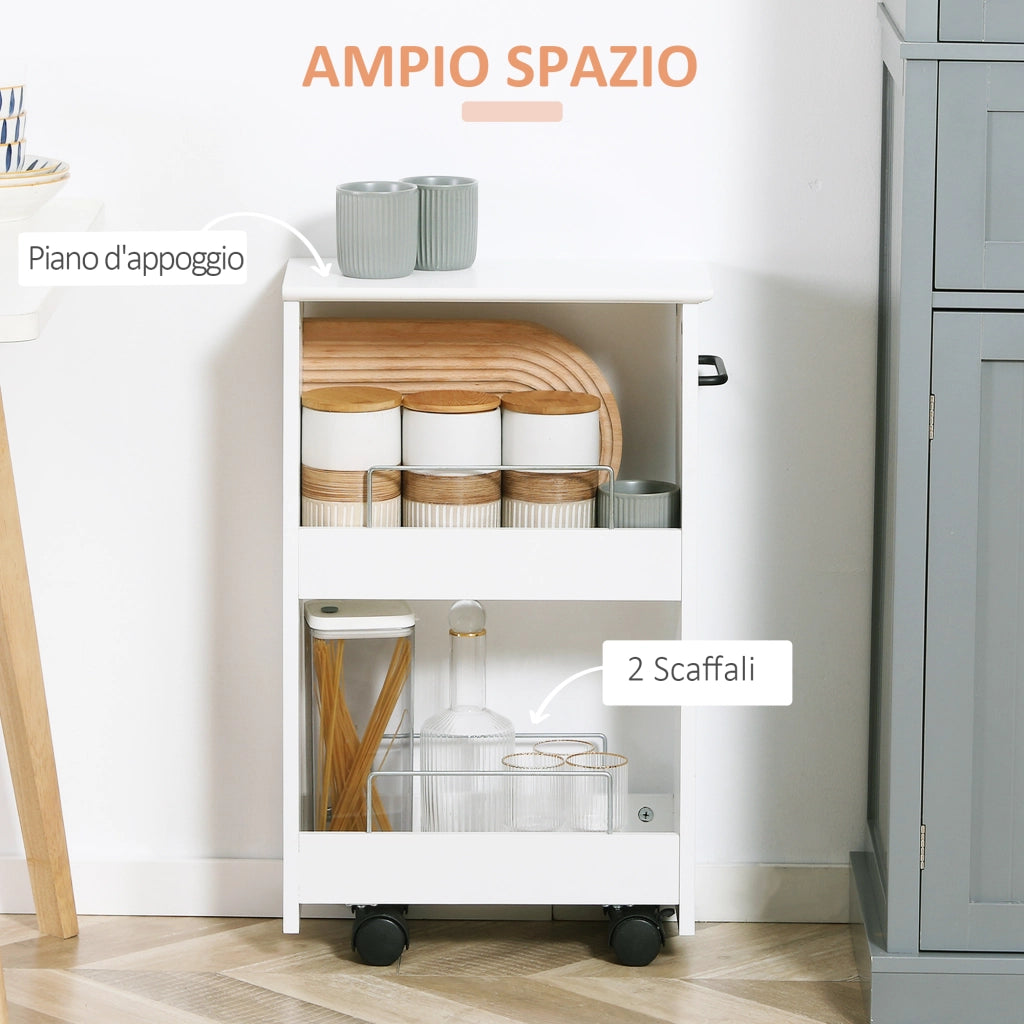 Carrello Salvaspazio Multiuso in Legno MDF e Ruote, 42.5x20.3x66.7cm, Bianco