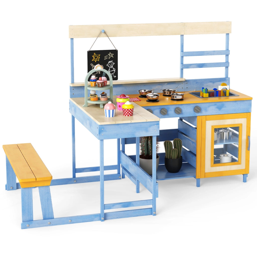 Cucina da giardino con tavolo da picnic per bambini-Set gioco in legno di abete con panchina Blu