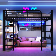 Letto a soppalco matrimoniale 140×200 cm con LED regolabile; ripiano; rete portaoggetti e appendiabiti; senza materasso