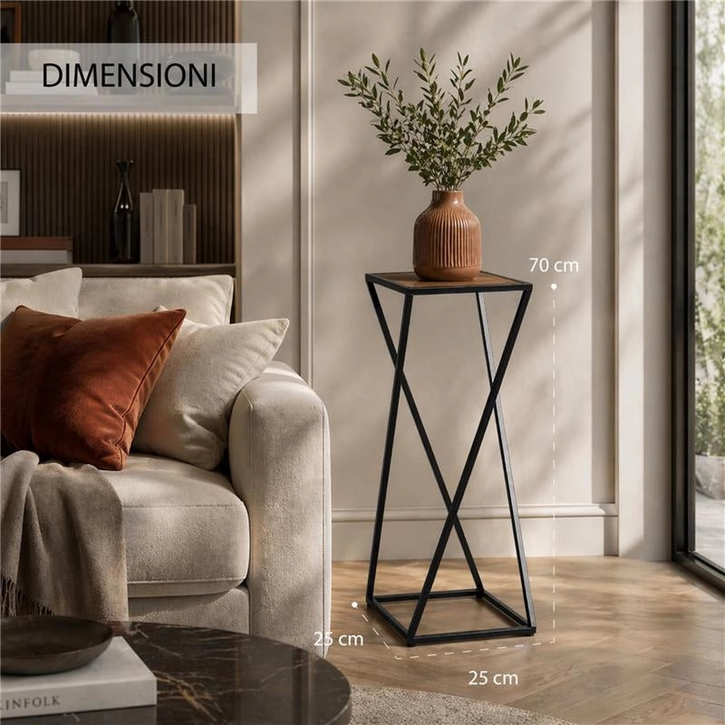TAVOLINO A COLONNA CON STRUTTURA IN METALLO NERO E TOP IN MDF EFFETTO LEGNO SCURO MISURE: 25X70 CM