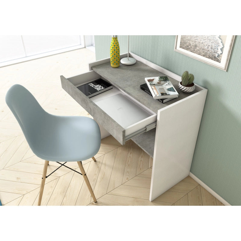 Scrivania home office 80x40 con cassetto e ripiano estensibile piano cemento bianco - Terraneo