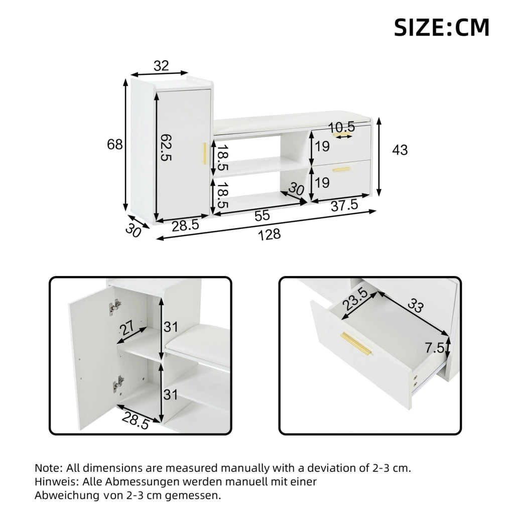 Scarpiera con panca 128x30x68 cm in truciolato bianco con 2 cassetti e ripiani
