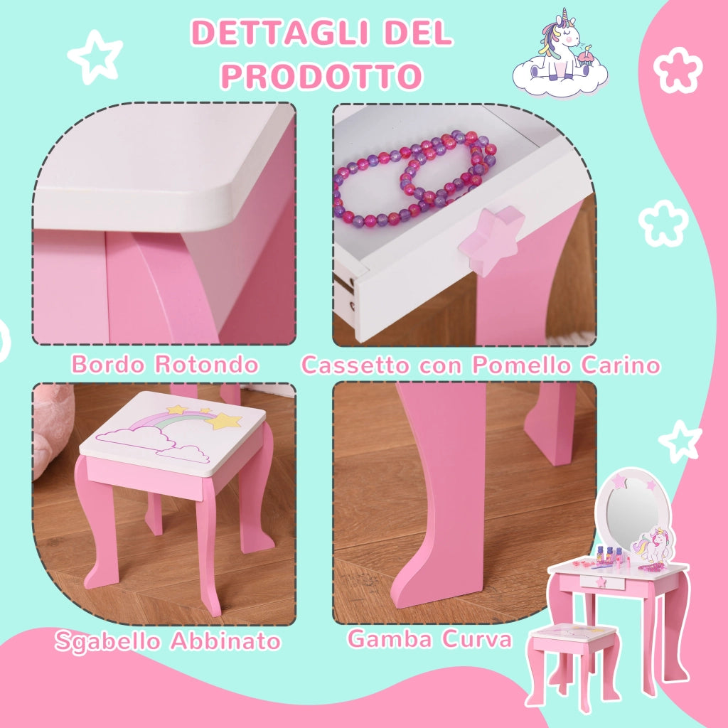 Specchiera Giocattolo con Cassetto e Sgabello ¨C zephmum ¨C Bianco