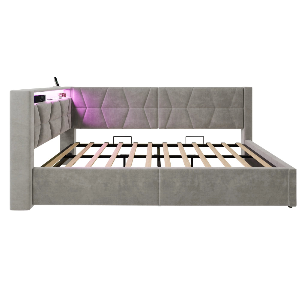 Letto Contenitore Letto Singolo 90x200 cm; USB; Type-C; LED; in Velluto; Grigio Scuro
