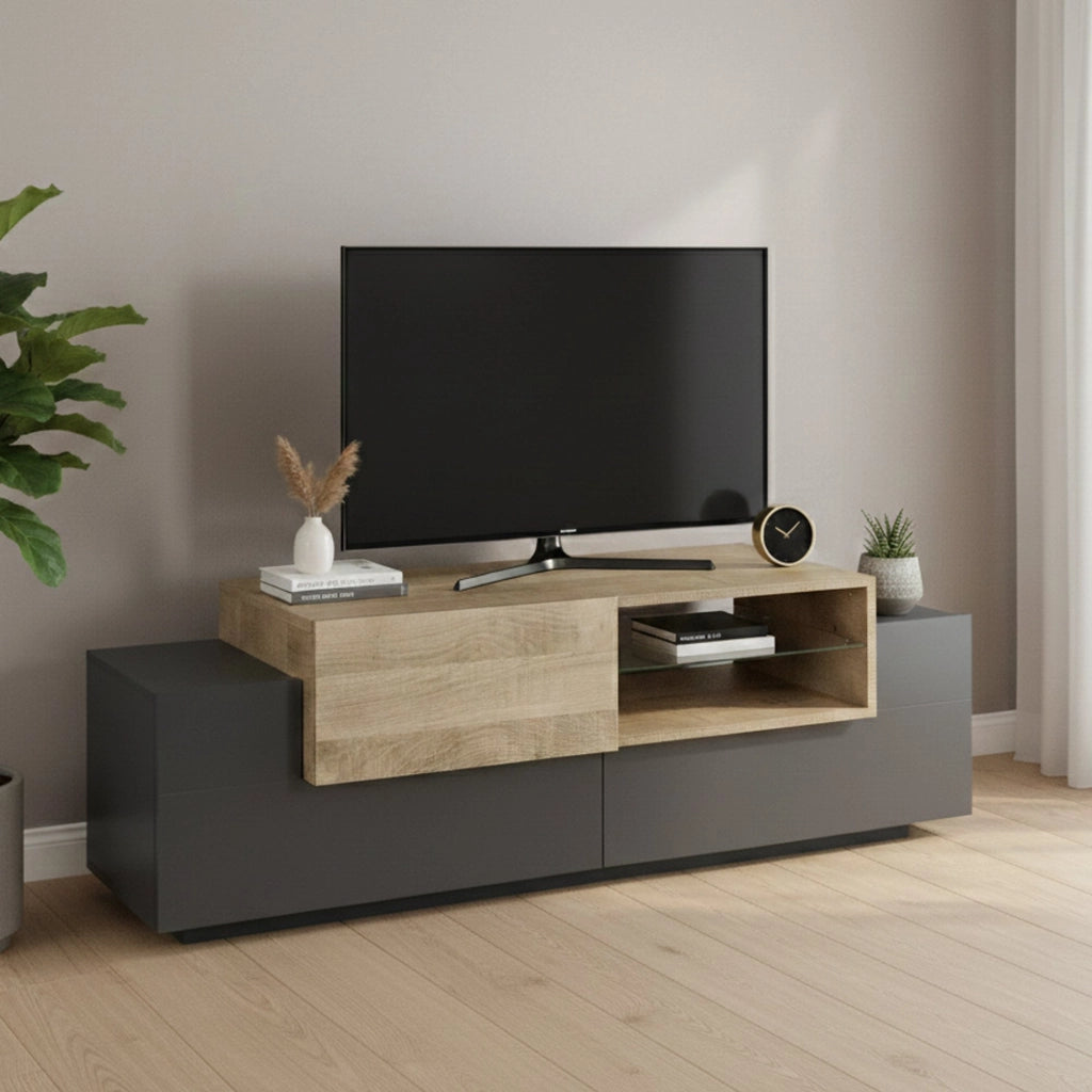 Mobile porta TV Andris, Credenza bassa da soggiorno, Base porta TV, 100% Made in Italy, cm 160x45h51, Antracite e Acero