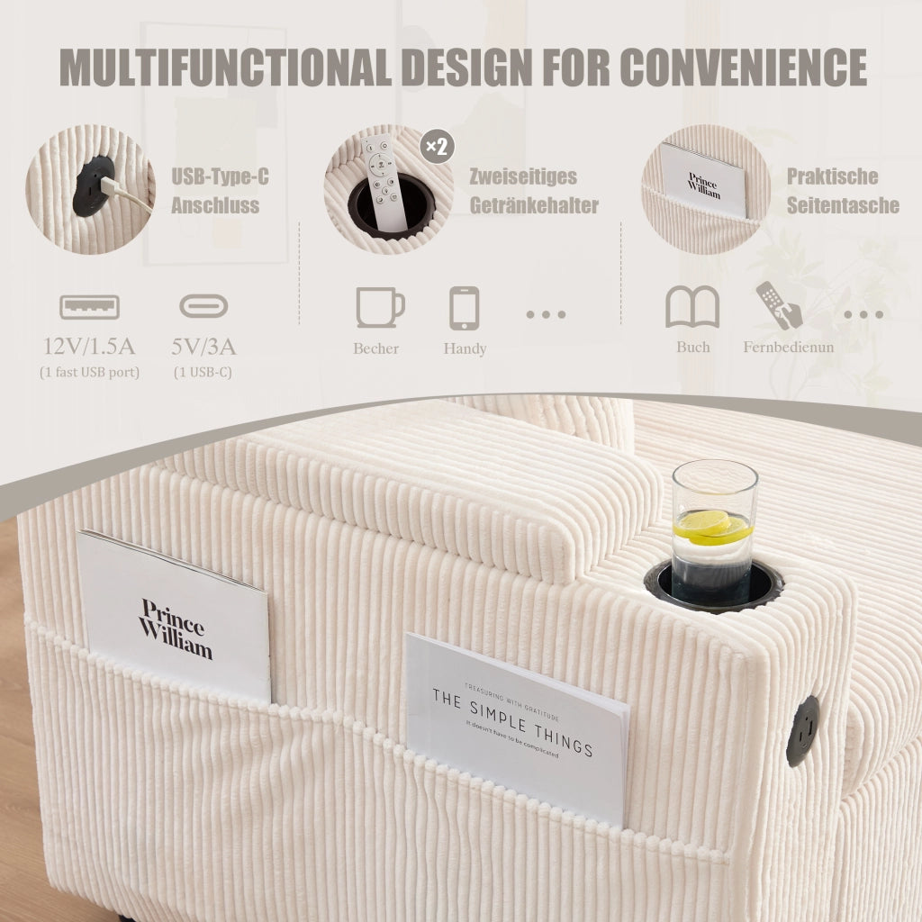 Divano angolare trasformabile 3 Posti con Contenitore, USB-C e Portabicchieri, in Velluto a Coste Beige