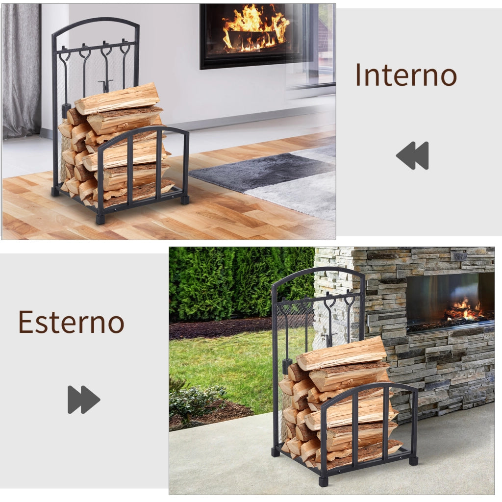 EasyComfort Portalegna da Interno ed Esterno in Metallo con Ganci e 4 Attrezzi Inclusi, 39x39x68cm, Nero