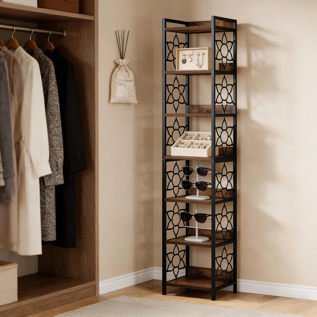Scaffale angolare a 7 livelli in MDF e metallo, salvaspazio, effetto legno rustico