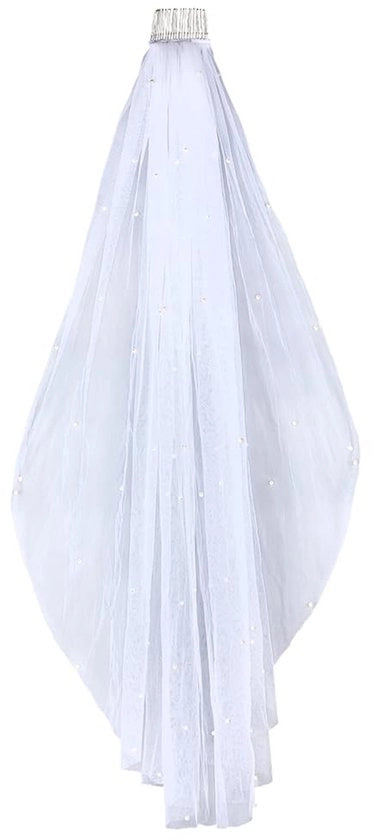 Slitta da sposa 1 livello - Slitta corta - Tulle con perle - Accessorio capelli con pettine - Lunghezza fino al polso - Bianco puro - Slitta da sposa