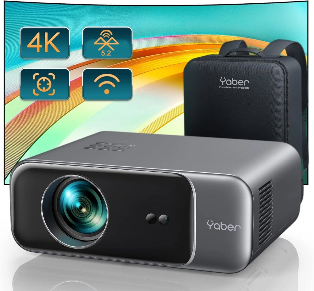 Proiettore YABER Home Cinema, 1080P Full HD compatibile 4K, Autofocus e Correzione Keystone, WiFi 6 Bluetooth Portatile Esterni Schermo 300 Pollici, per Smartphone/Fire TV Stick/PS5