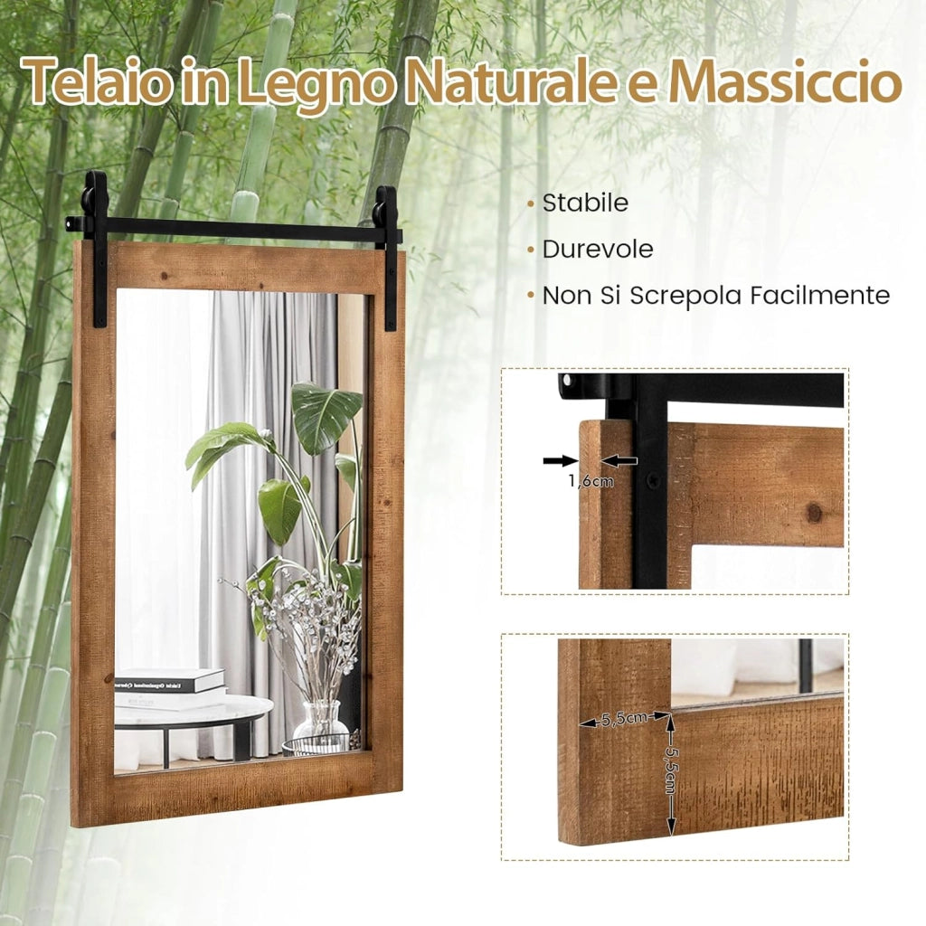 Specchio da Parete 76,5 x 56 cm, Specchio Rettangolare con Cornice in Legno e Staffa in Metallo, Specchio da Bagno Corridoio Soggiorno, Bianco (Marrone)