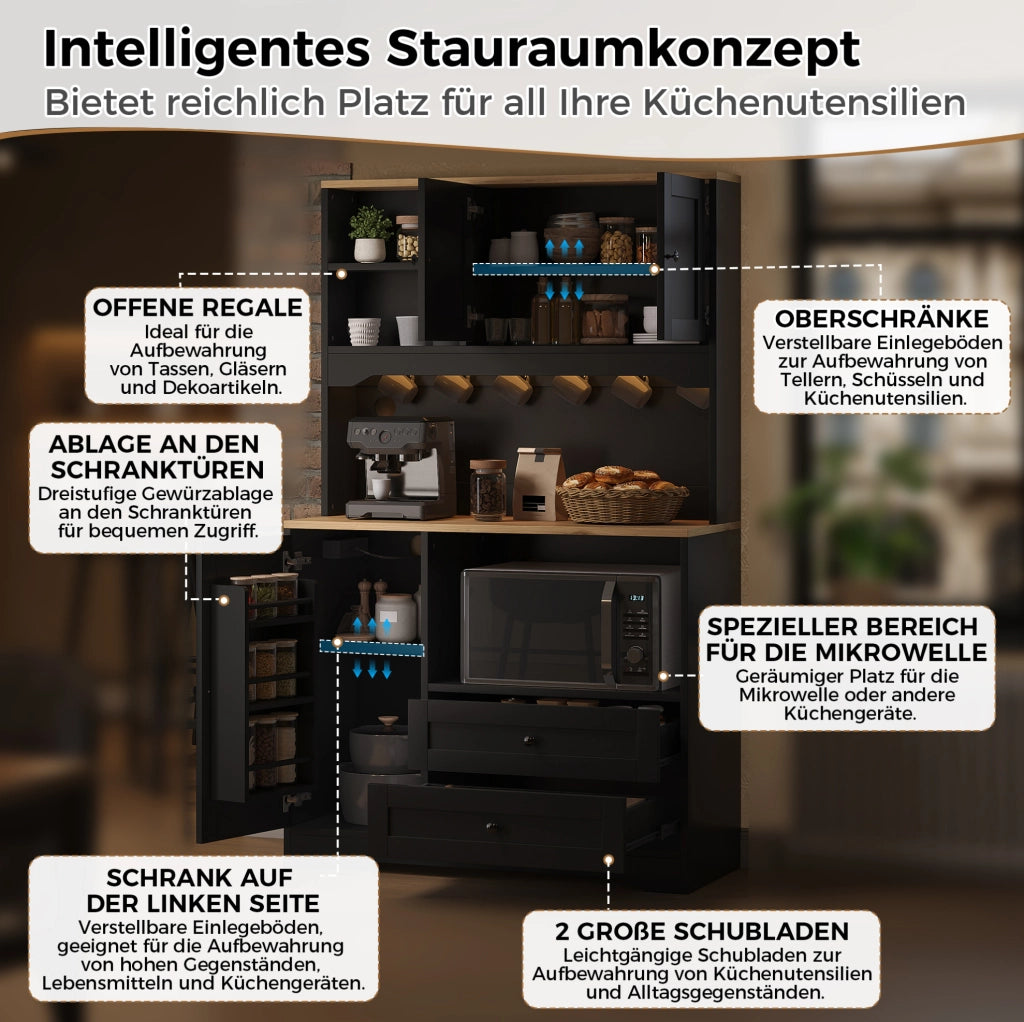 Credenza cucina multifunzione con LED, prese USB e ripiani regolabili
