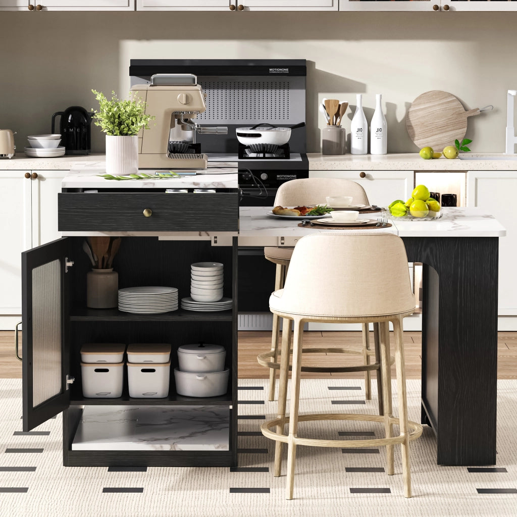 Tavolo da Pranzo Allungabile per 4 Persone con 1 Cassetto; Ripiani Regolabili e Prese; in MDF e Vetro