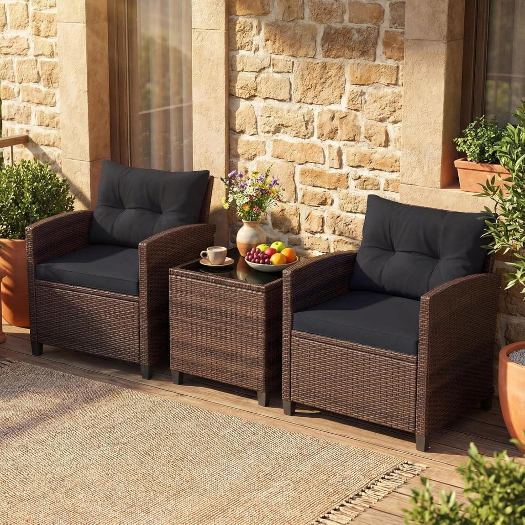 Set di Mobili da Giardino, in Rattan, 3 Pezzi Mobiletti, 1 Tavolino + 2 Poltrone, Salottino da Esterno, con Cuscini per Balcone, Giardino, Cortile, Terrazza, 3 Colori (Nero)