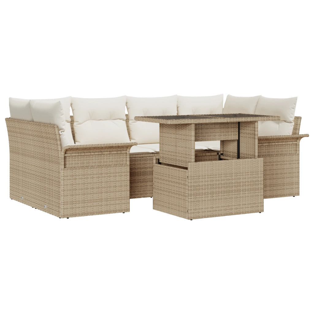 Set Divano da Giardino  7 Pezzi con Cuscini Beige Rattan Poliestere